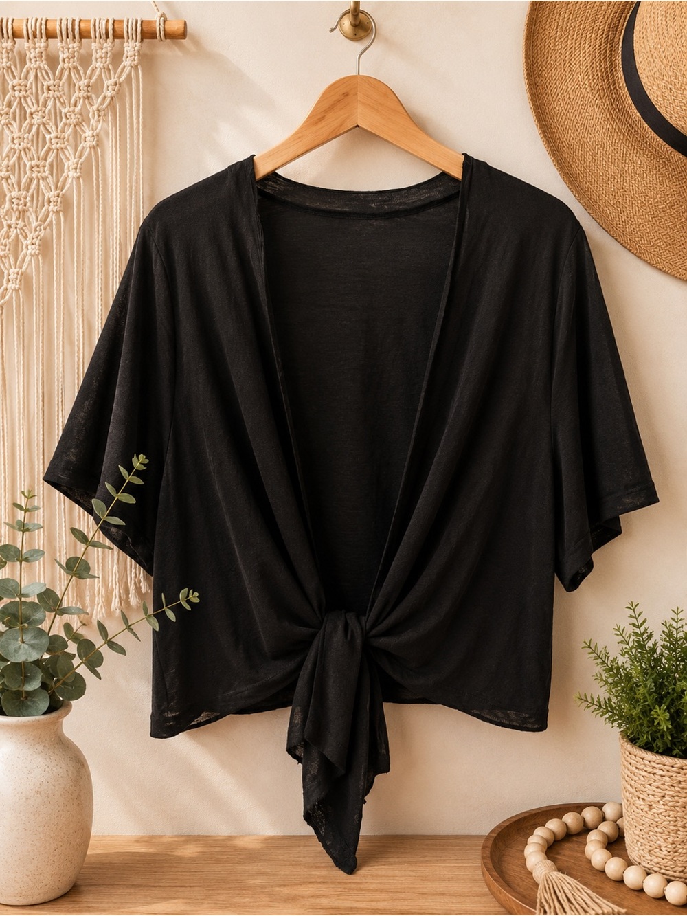 Black Tie-Front Lightweight Kimono